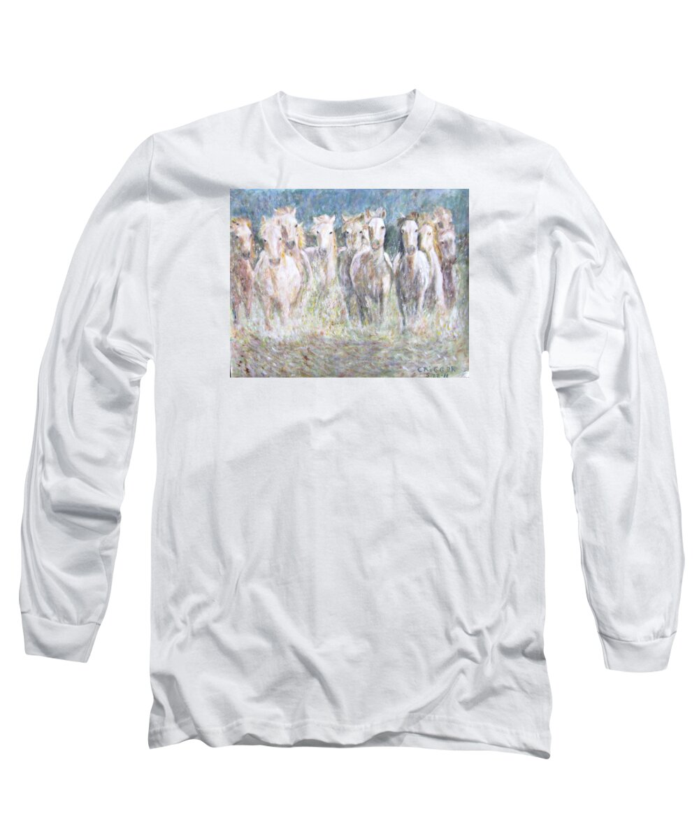 Impressionism Long Sleeve T-Shirt featuring the painting Horses Running in Water by Glenda Crigger