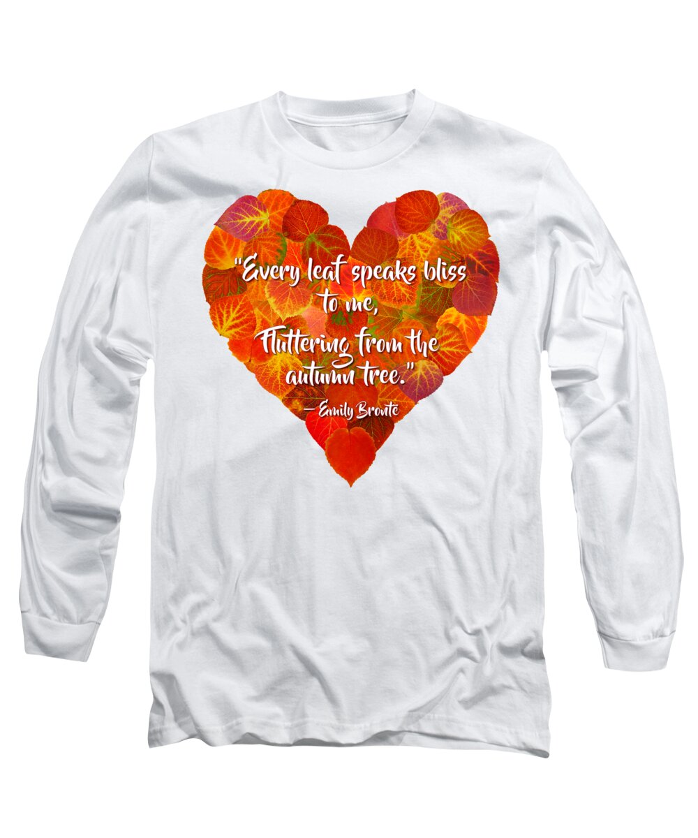Heart Long Sleeve T-Shirt featuring the digital art I Love Autumn Red Aspen Leaf Heart 1 Bronte Quote by Agustin Goba