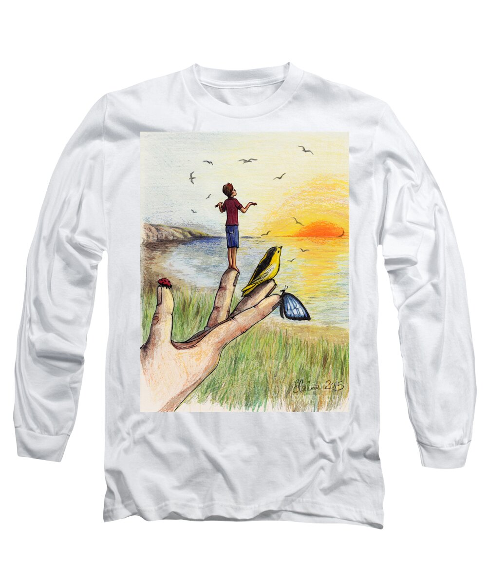 Butterfly Long Sleeve T-Shirt featuring the drawing I wish I could fly by Elaine Berger