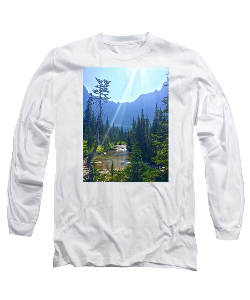 Landscape Montana Hiking Outdoors Mountains Trees Wildlife Iceberg Lake Many Glacier Water River Brooke Creek Rocks Long Sleeve T-Shirt featuring the photograph Iceberg lake river by Brian Gilday