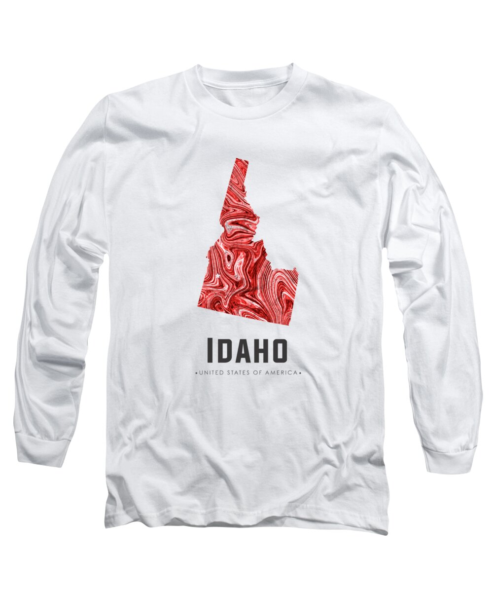 Idaho Long Sleeve T-Shirt featuring the mixed media Idaho Map Art Abstract in Red by Studio Grafiikka