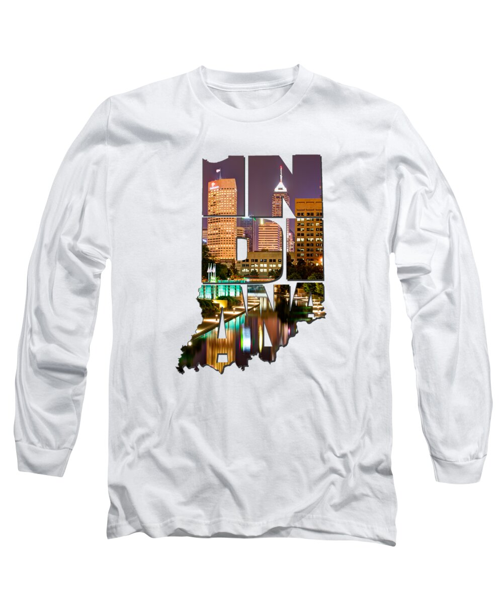 Typography Long Sleeve T-Shirt featuring the photograph Indiana Typography - Indianapolis Skyline - Canal Walk Bridge View by Gregory Ballos