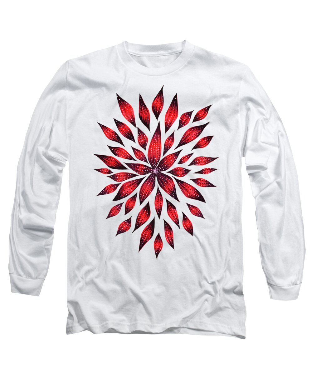 Cool Long Sleeve T-Shirt featuring the digital art Ink Drawn Abstract Red Doodle Flower by Boriana Giormova