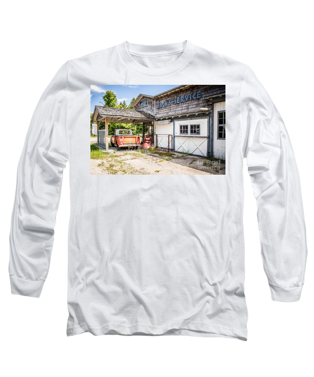 International Harvester Scout Long Sleeve T-Shirt featuring the photograph Jack's Service Station by Nikki Vig