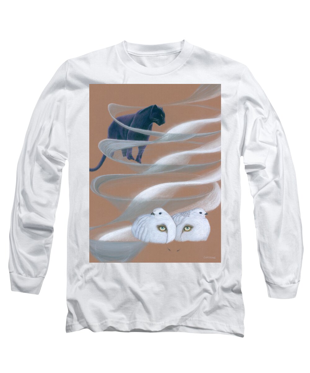 Jaguar Long Sleeve T-Shirt featuring the drawing Jaguar with Ptarmigans by Robin Aisha Landsong