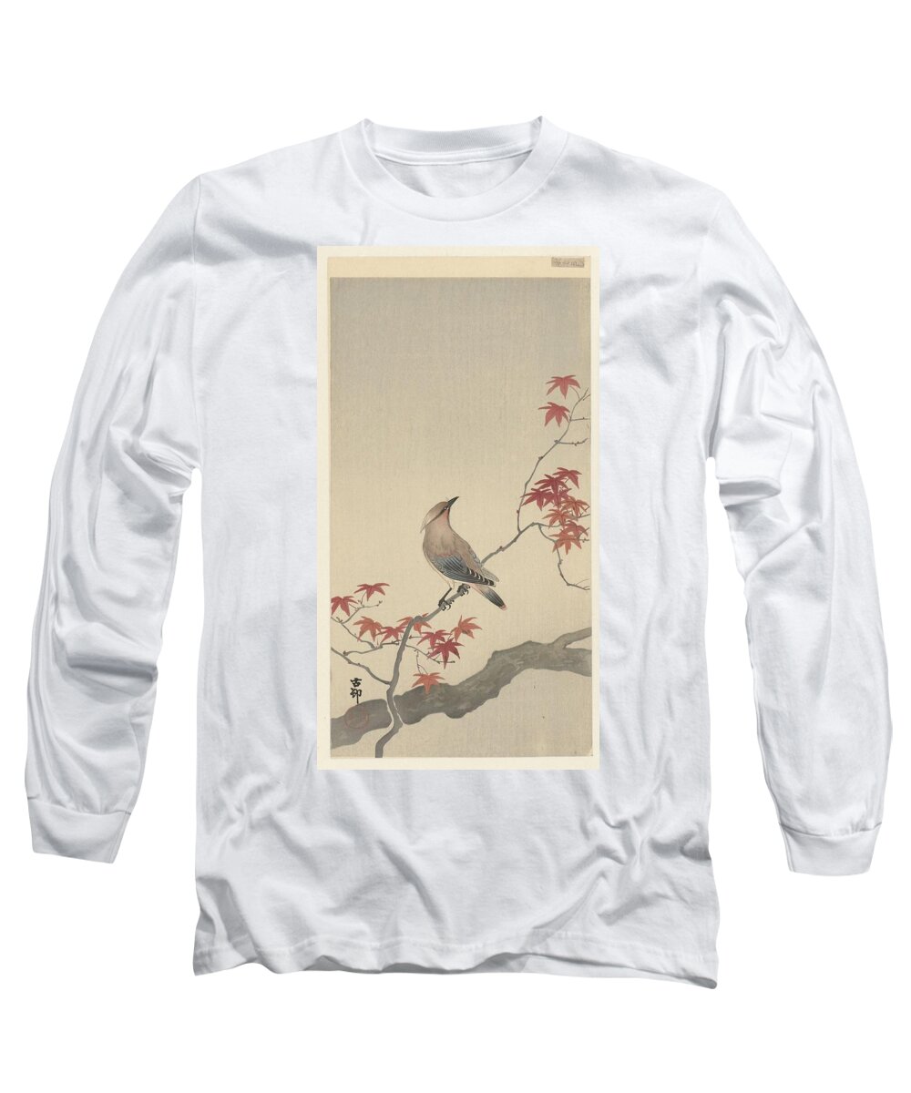 Japanese Waxwing On Maple Long Sleeve T-Shirt featuring the painting Japanese Waxwing on maple by Ohara Koson