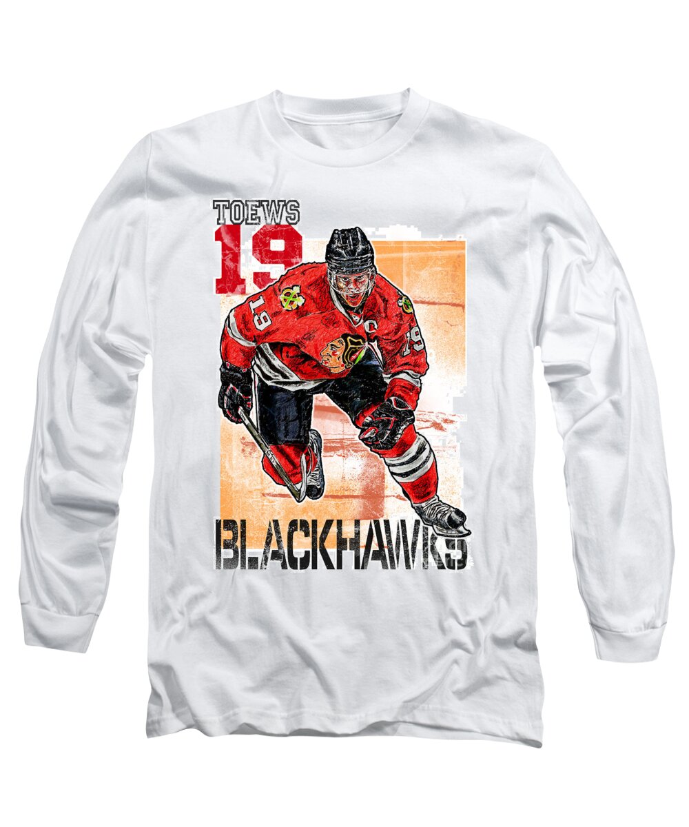 Ice Hockey Long Sleeve T-Shirt featuring the drawing Jonathan Toews by Maria Arango