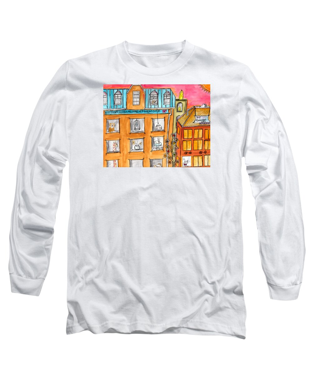 Cat Long Sleeve T-Shirt featuring the painting KittyScape Hotel by Lou Belcher