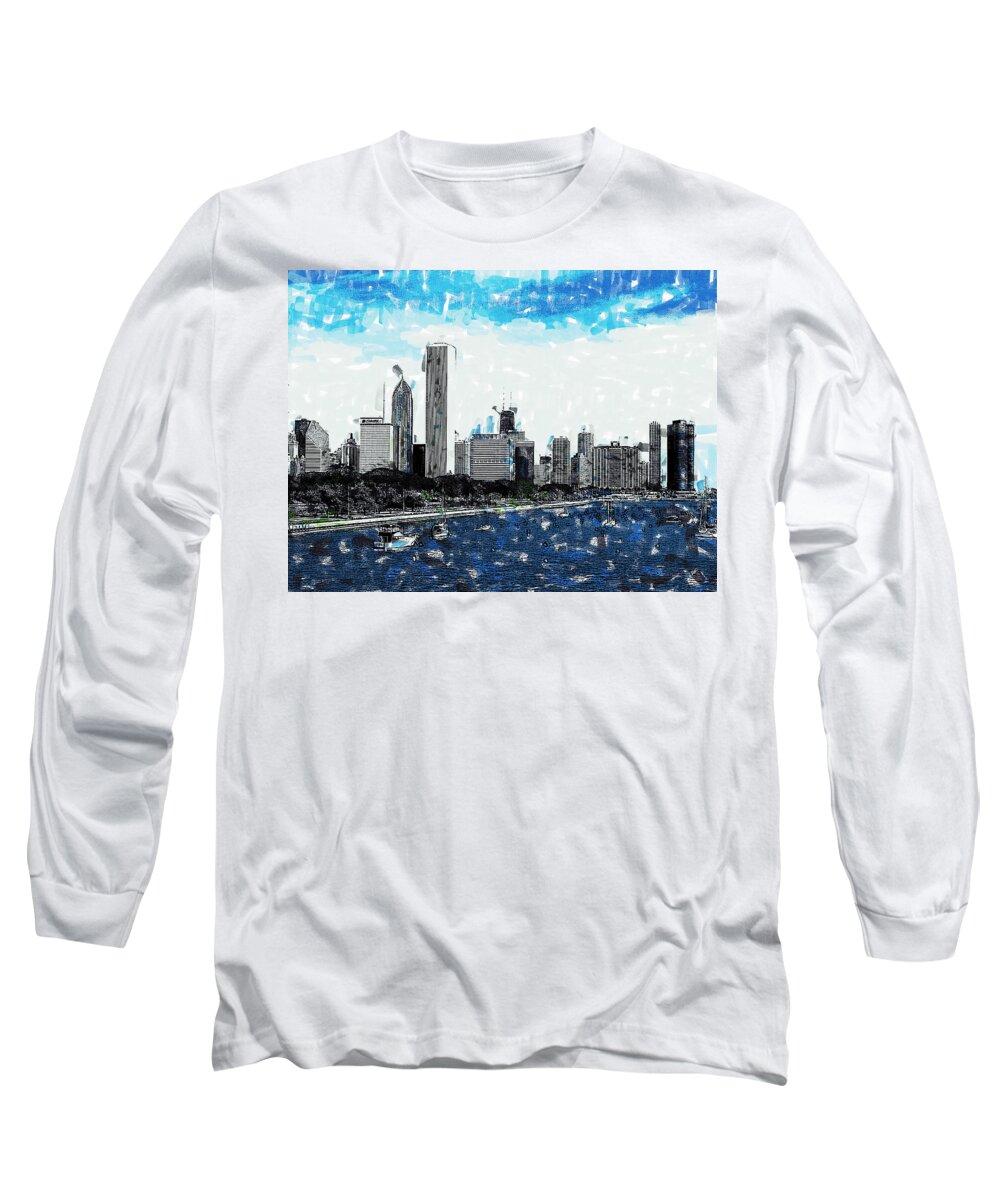 Lake Michigan And The Chicago Skyline Long Sleeve T-Shirt featuring the painting Lake Michigan and the Chicago Skyline by Dean Wittle