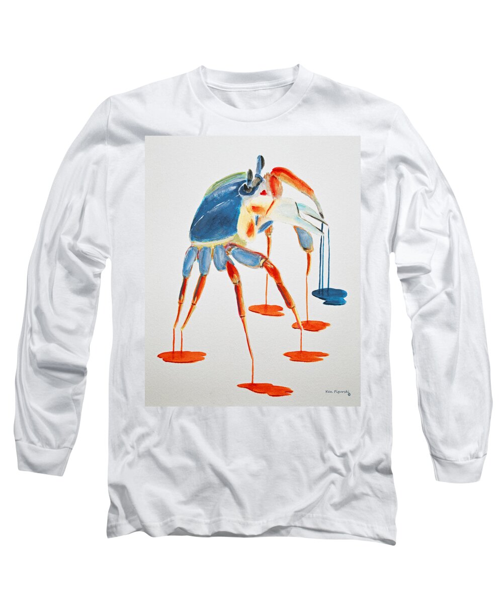 Blue Long Sleeve T-Shirt featuring the painting Land Crab Fight Stance by Ken Figurski