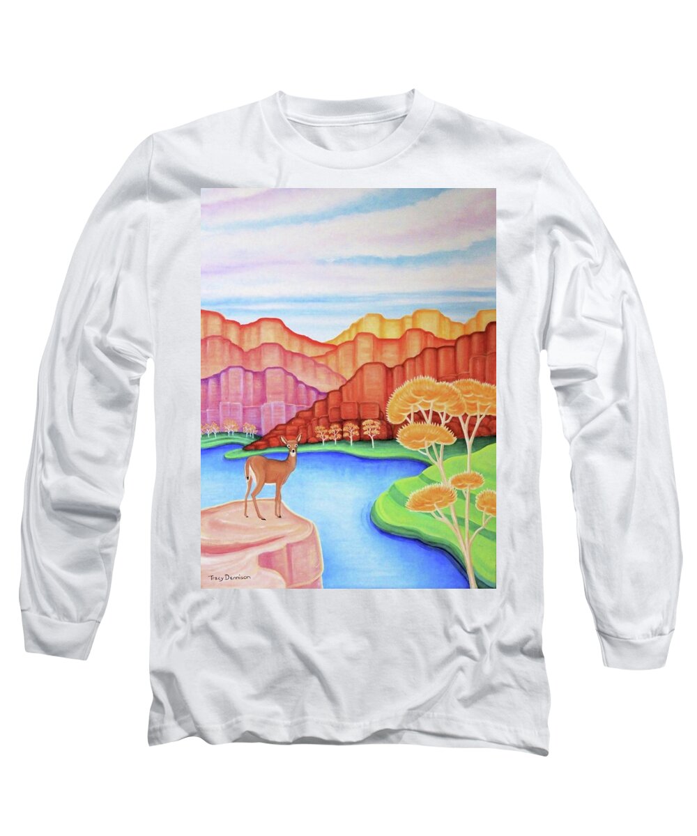 White Tailed Deer Southwest River Landscape Long Sleeve T-Shirt featuring the painting Land of Enchantment by Tracy Dennison