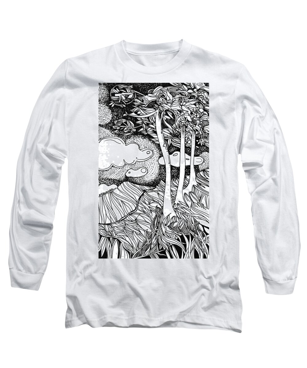 Drawing Long Sleeve T-Shirt featuring the drawing In the middle of the mountain #1 by Enrique Zaldivar
