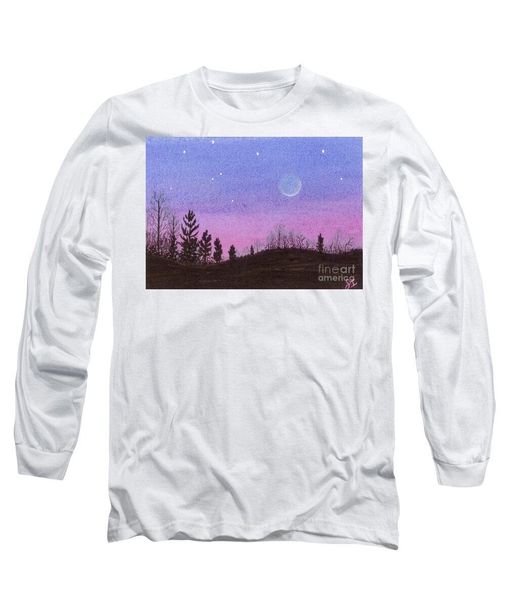 Watercolor Long Sleeve T-Shirt featuring the painting Lansing Moon and Stars by Jackie Irwin