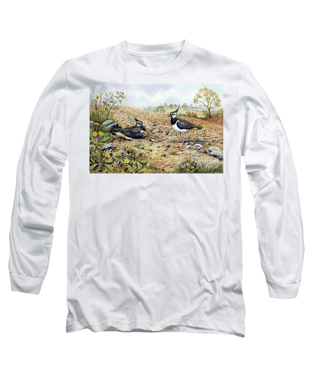 Lapwing Long Sleeve T-Shirt featuring the painting Lapwing Family with Goldfinches by Carl Donner