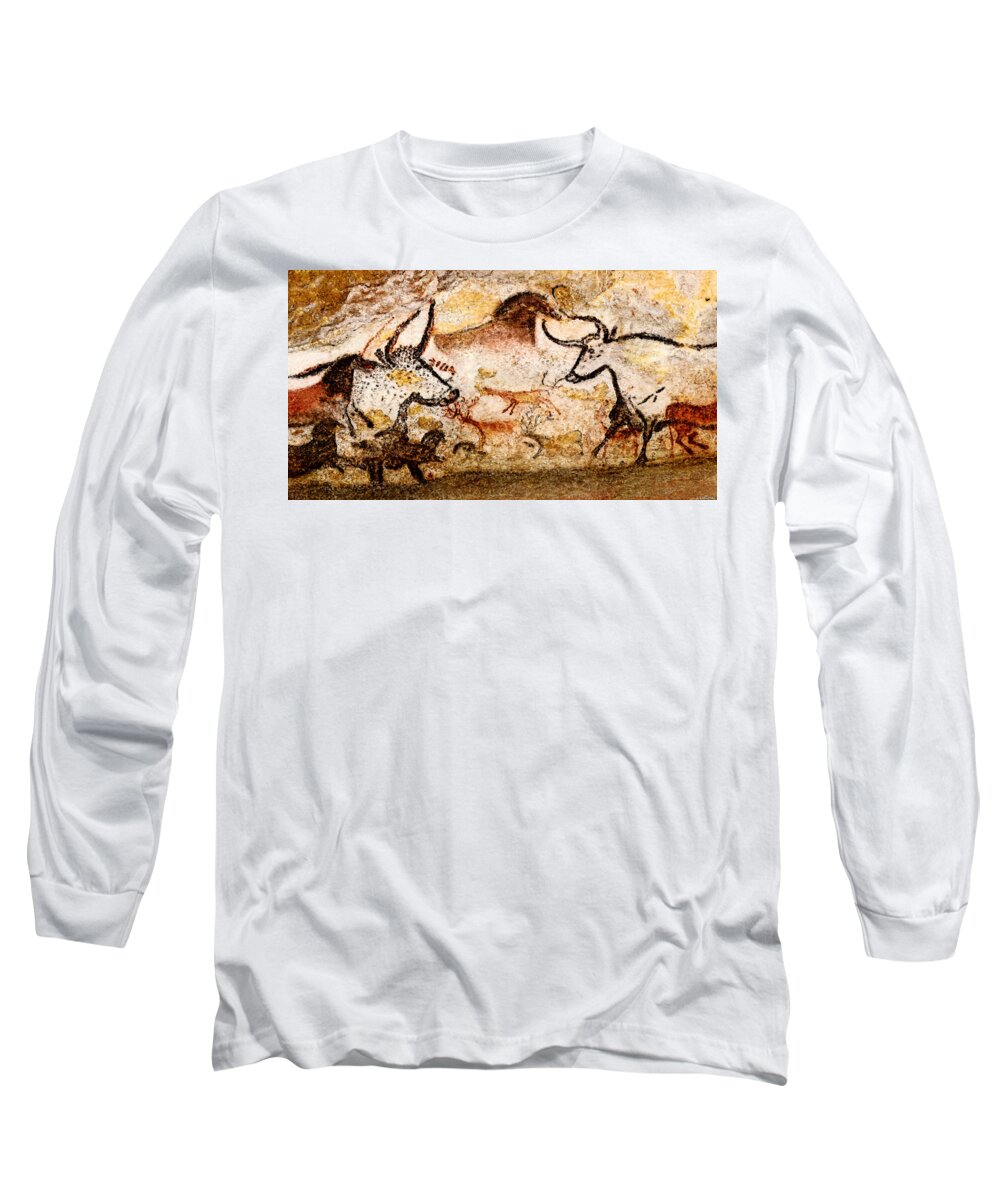 Lascaux Long Sleeve T-Shirt featuring the digital art Lascaux Hall of the Bulls - Deer and Aurochs by Weston Westmoreland