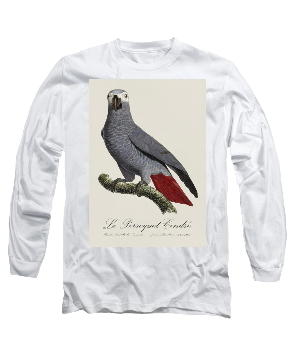 African Grey Parrot Long Sleeve T-Shirt featuring the painting Le Perroquet Cendre / African Grey Parrot - Restored 19th century illustration by Jacques Barraband by SP JE Art