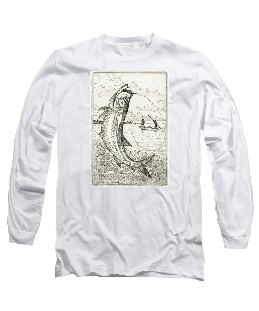 Charles Harden Long Sleeve T-Shirt featuring the drawing Leaping Tarpon by Charles Harden