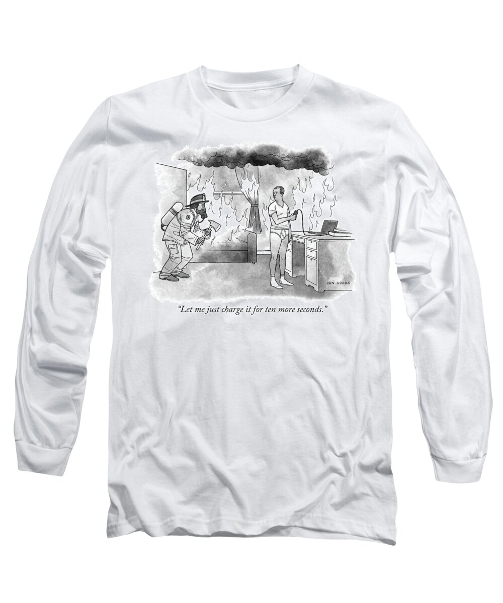 let Me Just Charge It For 10 More Seconds! Long Sleeve T-Shirt featuring the drawing Let me just charge it for ten more seconds by Jon Adams