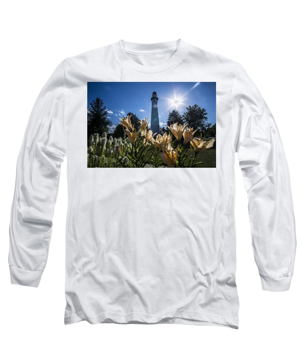 Wind Point Lighthouse Long Sleeve T-Shirt featuring the photograph Lighthouse with a flowery foreground by Sven Brogren
