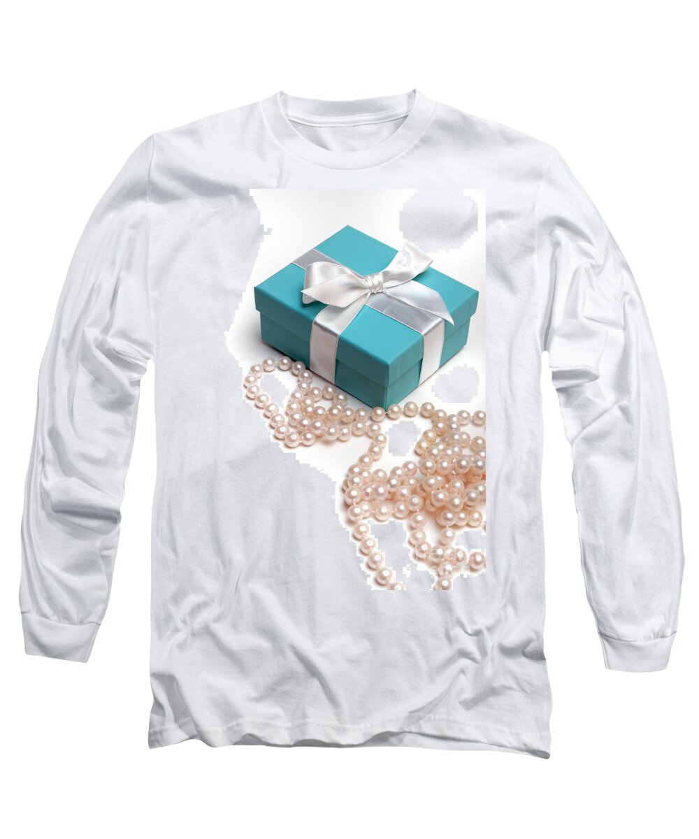 Anniversary Long Sleeve T-Shirt featuring the photograph Little Blue Gift Box and Pearls by Amy Cicconi