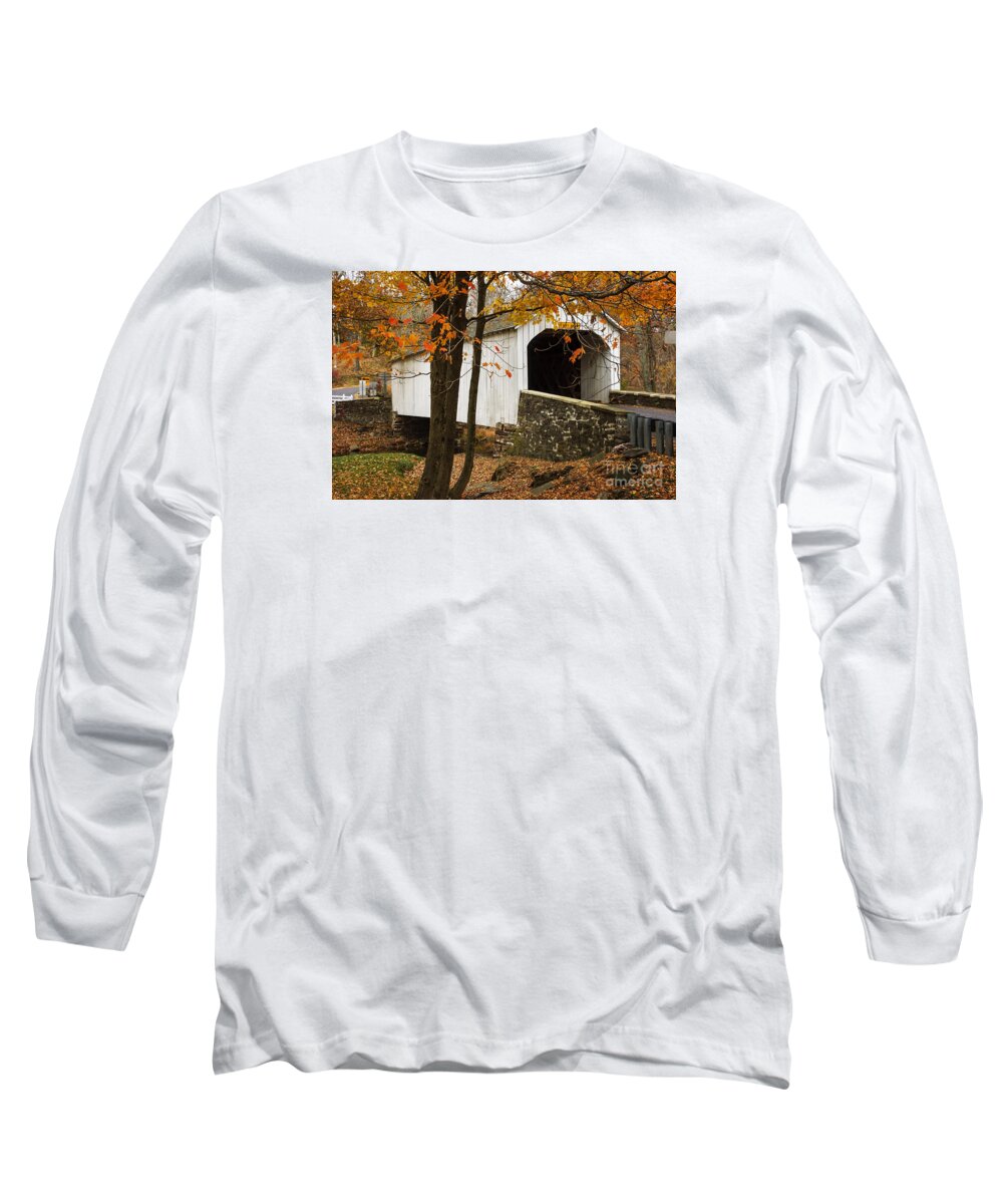 (day Or Daytime) Long Sleeve T-Shirt featuring the photograph Loux Covered Bridge by Debra Fedchin