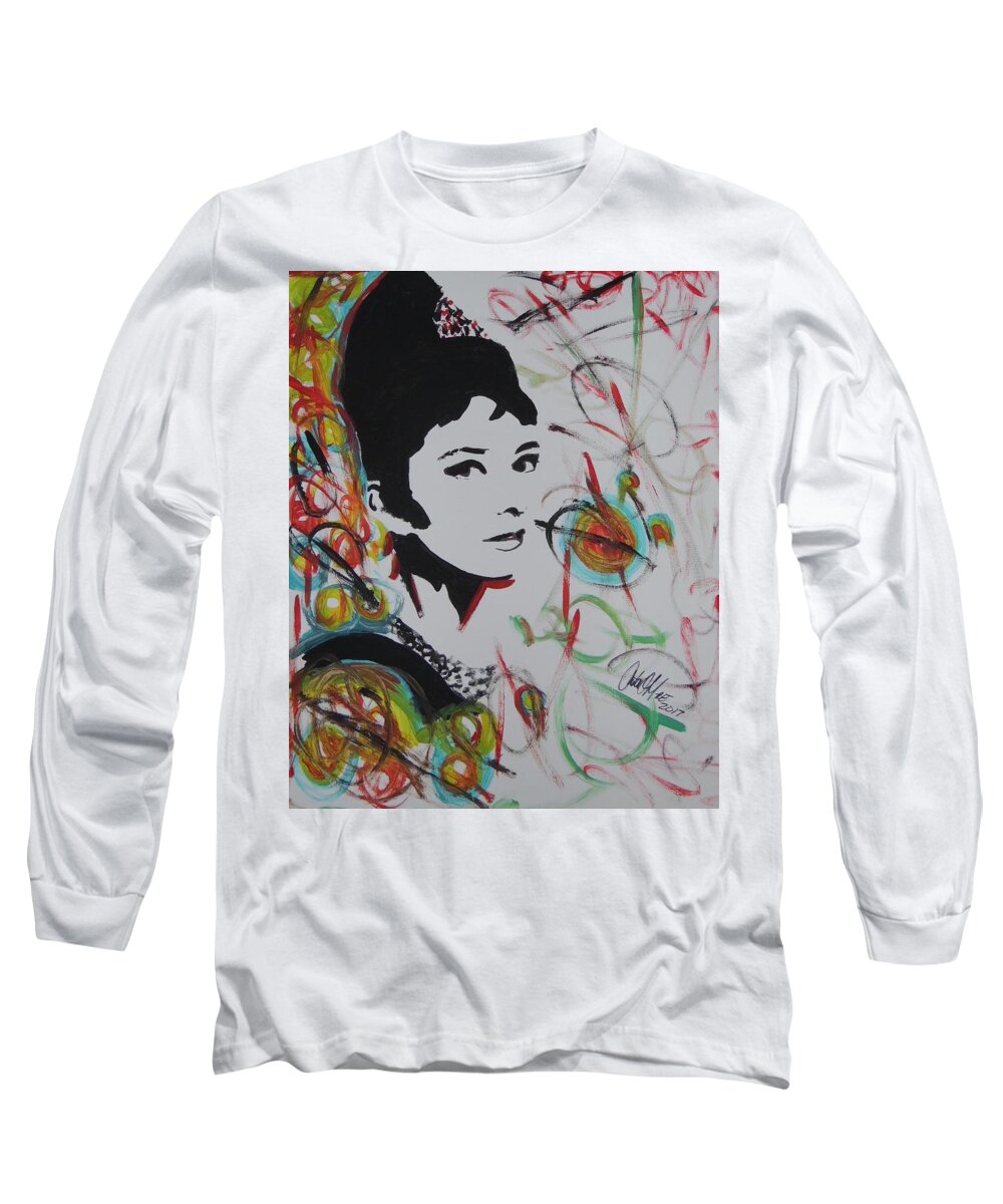 Audrey Hepburn Long Sleeve T-Shirt featuring the painting Lovely Hepburn by Antonio Moore