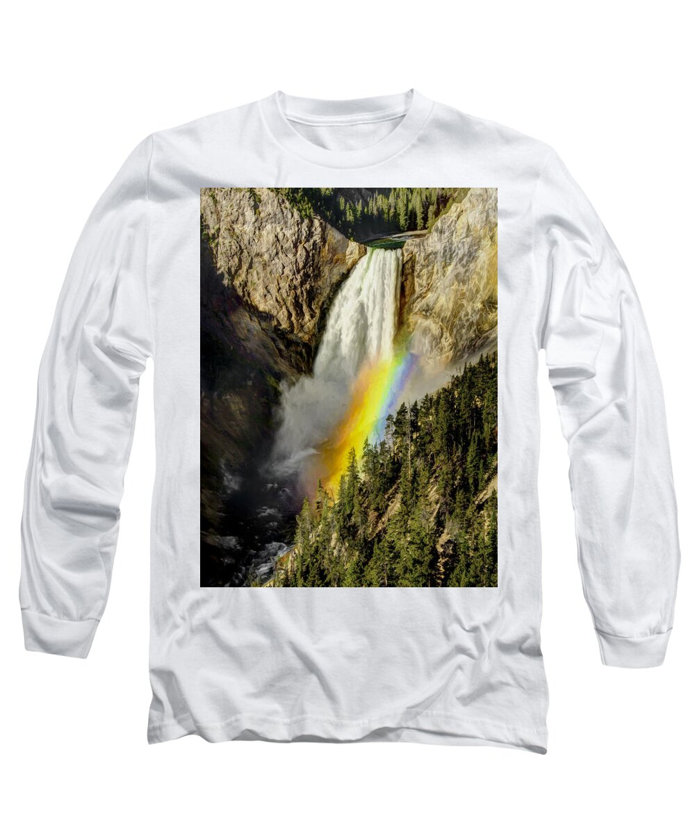 Blue Long Sleeve T-Shirt featuring the painting Lower Falls- Yellowstone Park by Penny Lisowski