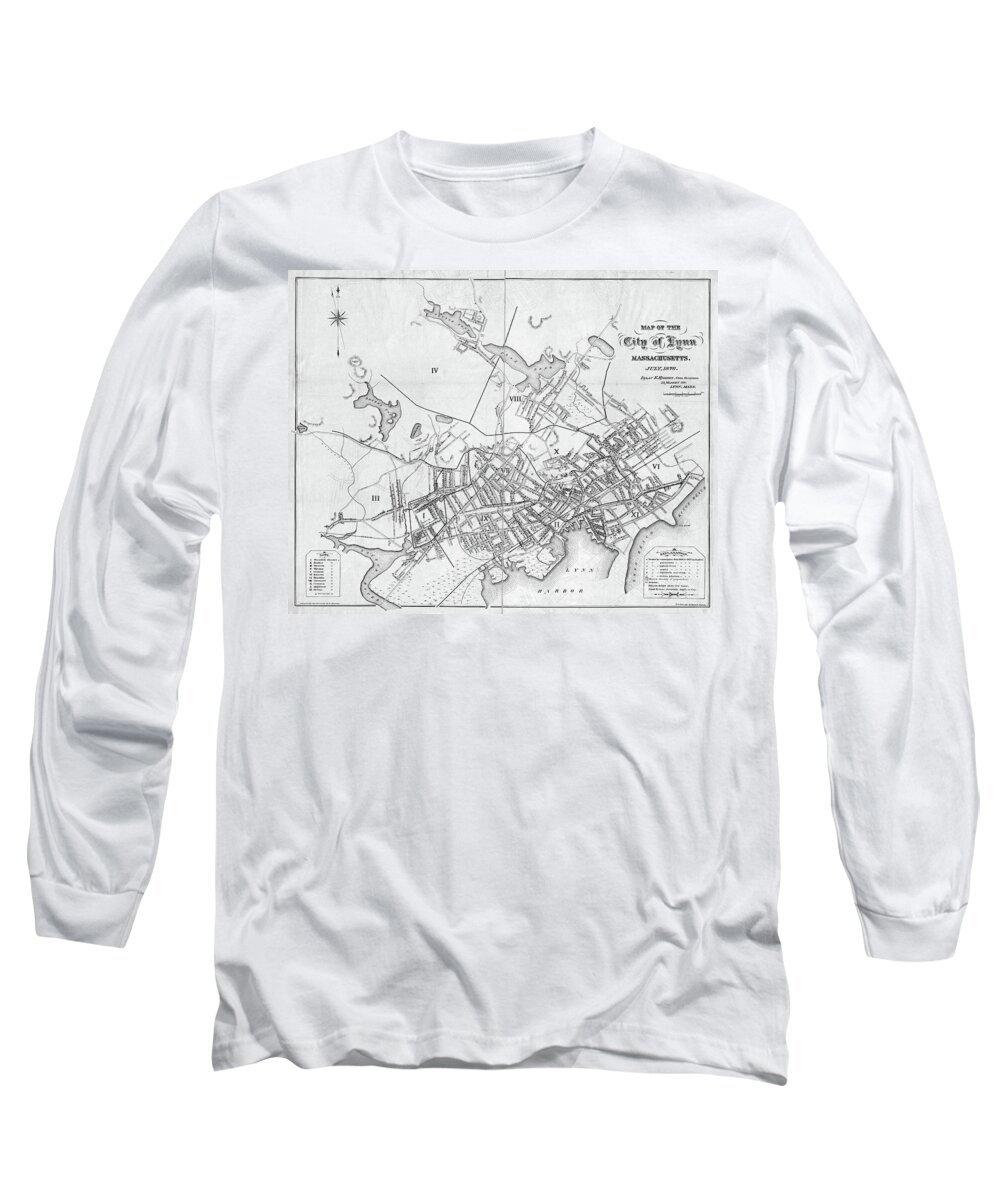 Lynn Long Sleeve T-Shirt featuring the photograph Lynn MA 1876 Historical Map Black and White by Toby McGuire