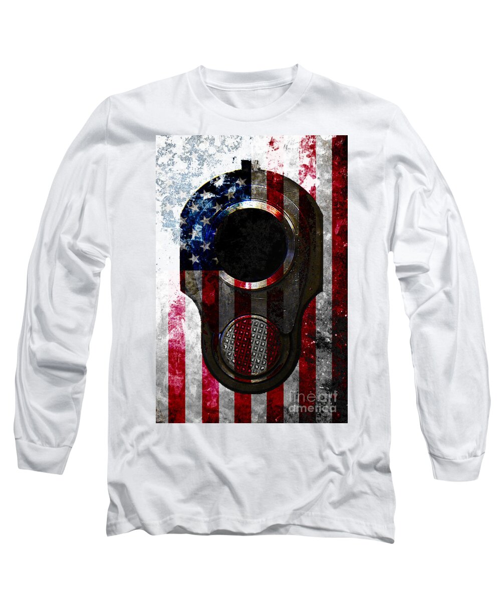M1911 Long Sleeve T-Shirt featuring the digital art M1911 Colt 45 Muzzle and American Flag on Distressed Metal Sheet by M L C