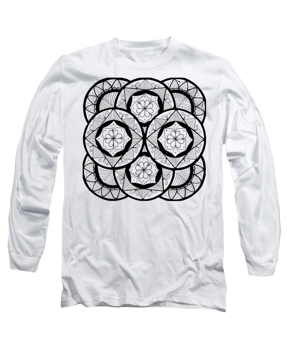 Mandala Long Sleeve T-Shirt featuring the drawing Mandala #7 - Flowers by Eseret Art