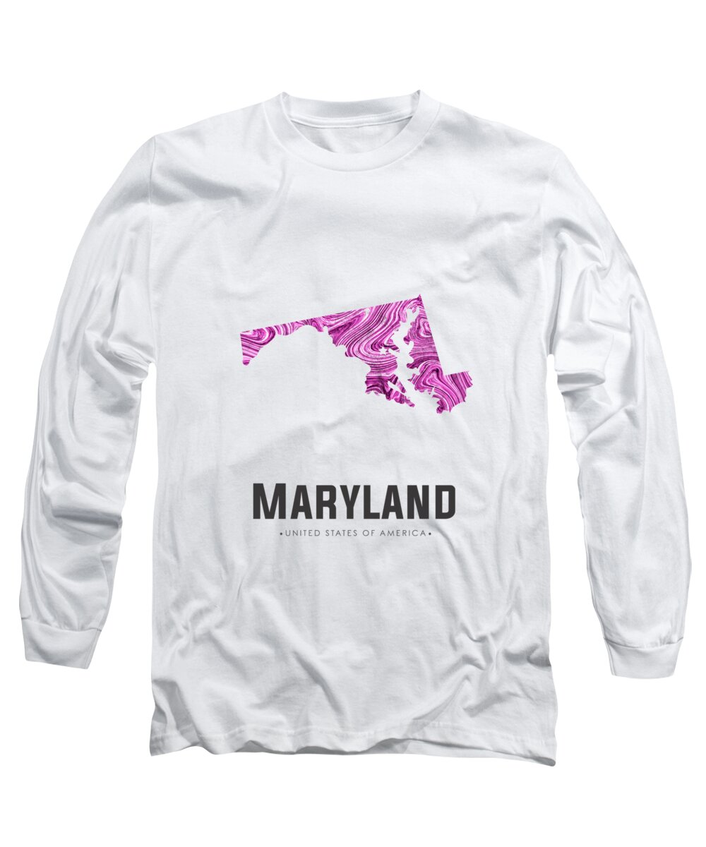 Maryland Long Sleeve T-Shirt featuring the mixed media Maryland Map Art Abstract in Purple by Studio Grafiikka