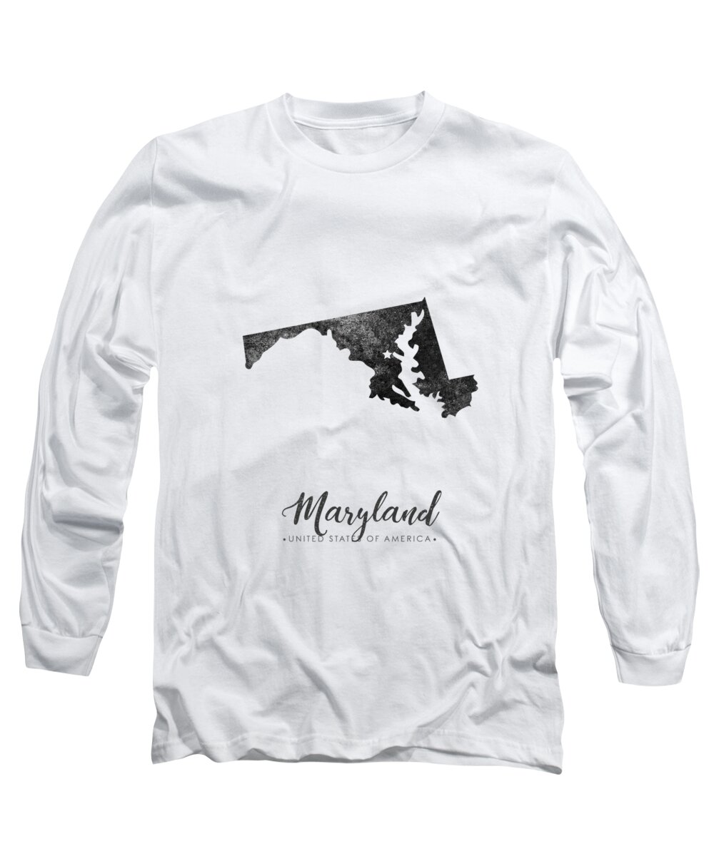 Maryland Long Sleeve T-Shirt featuring the mixed media Maryland State Map Art - Grunge Silhouette by Studio Grafiikka