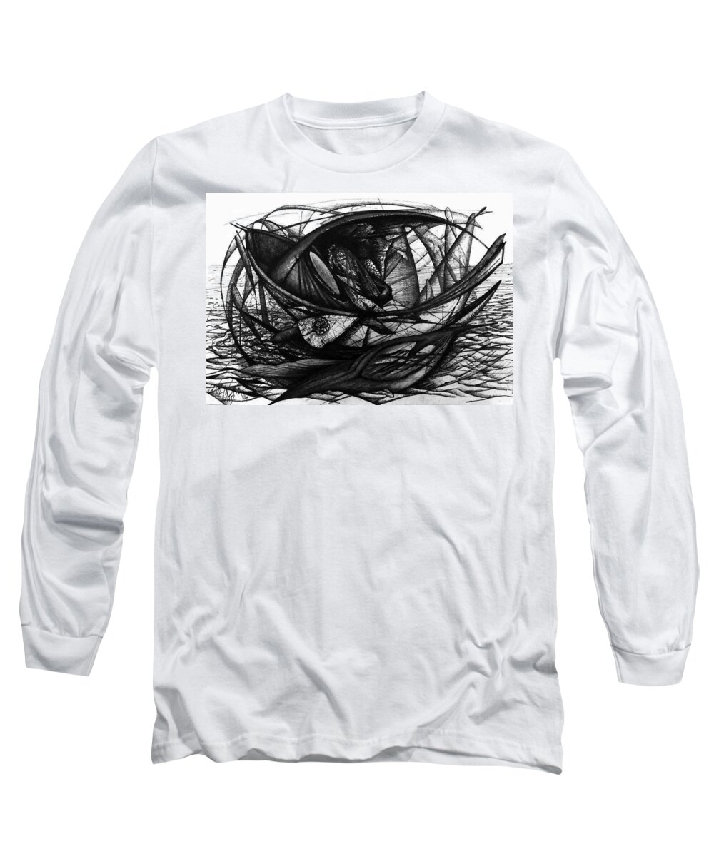 Boat Long Sleeve T-Shirt featuring the drawing Meanwhile 5 by Nad Wolinska