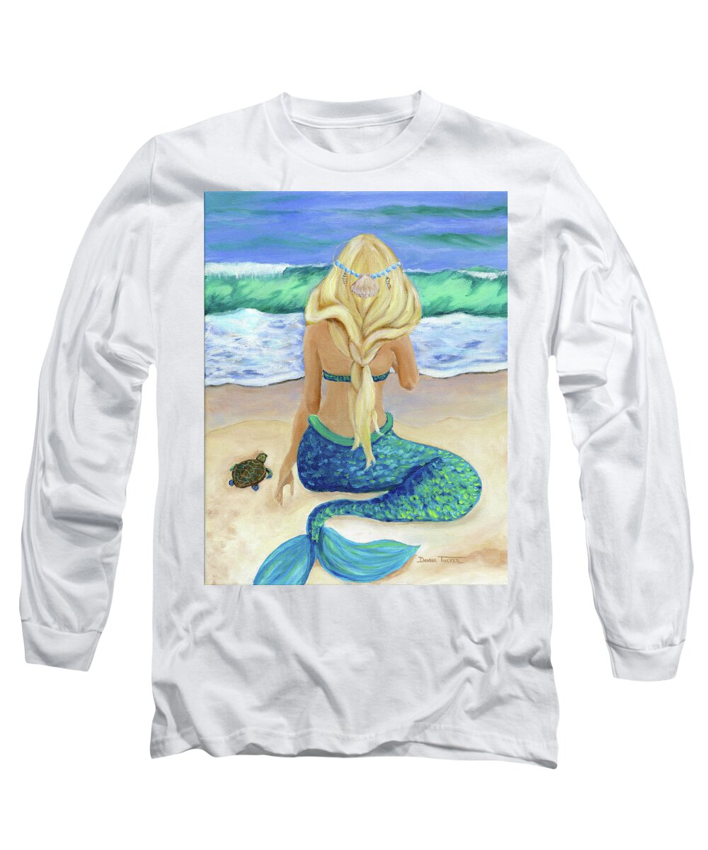Mermaid Long Sleeve T-Shirt featuring the painting Mermaid and Turtle by Donna Tucker