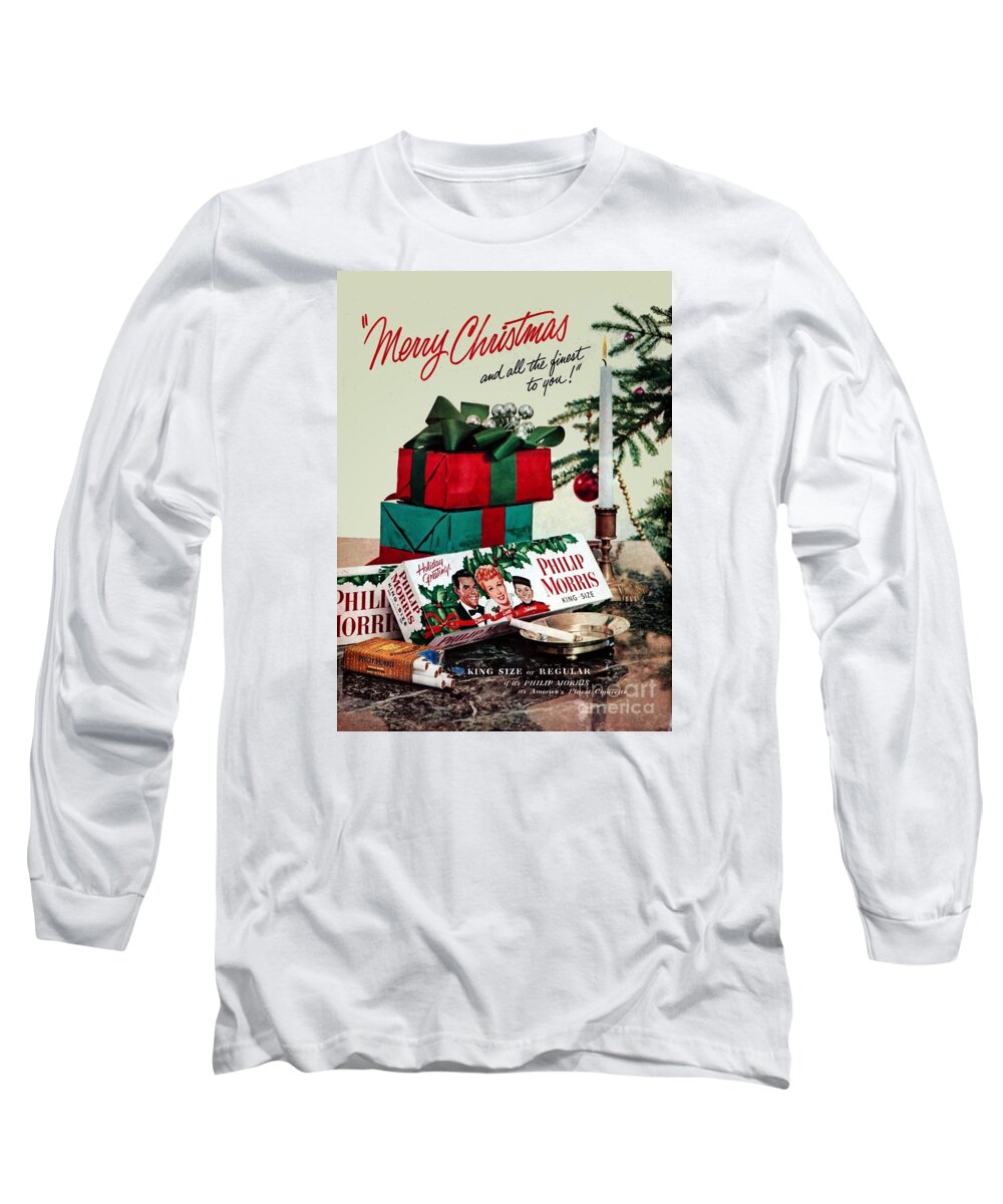 Merry Christmas Vintage Cigarette Advert Long Sleeve T-Shirt featuring the painting Merry Christmas vintage cigarette advert by Vintage Collectables