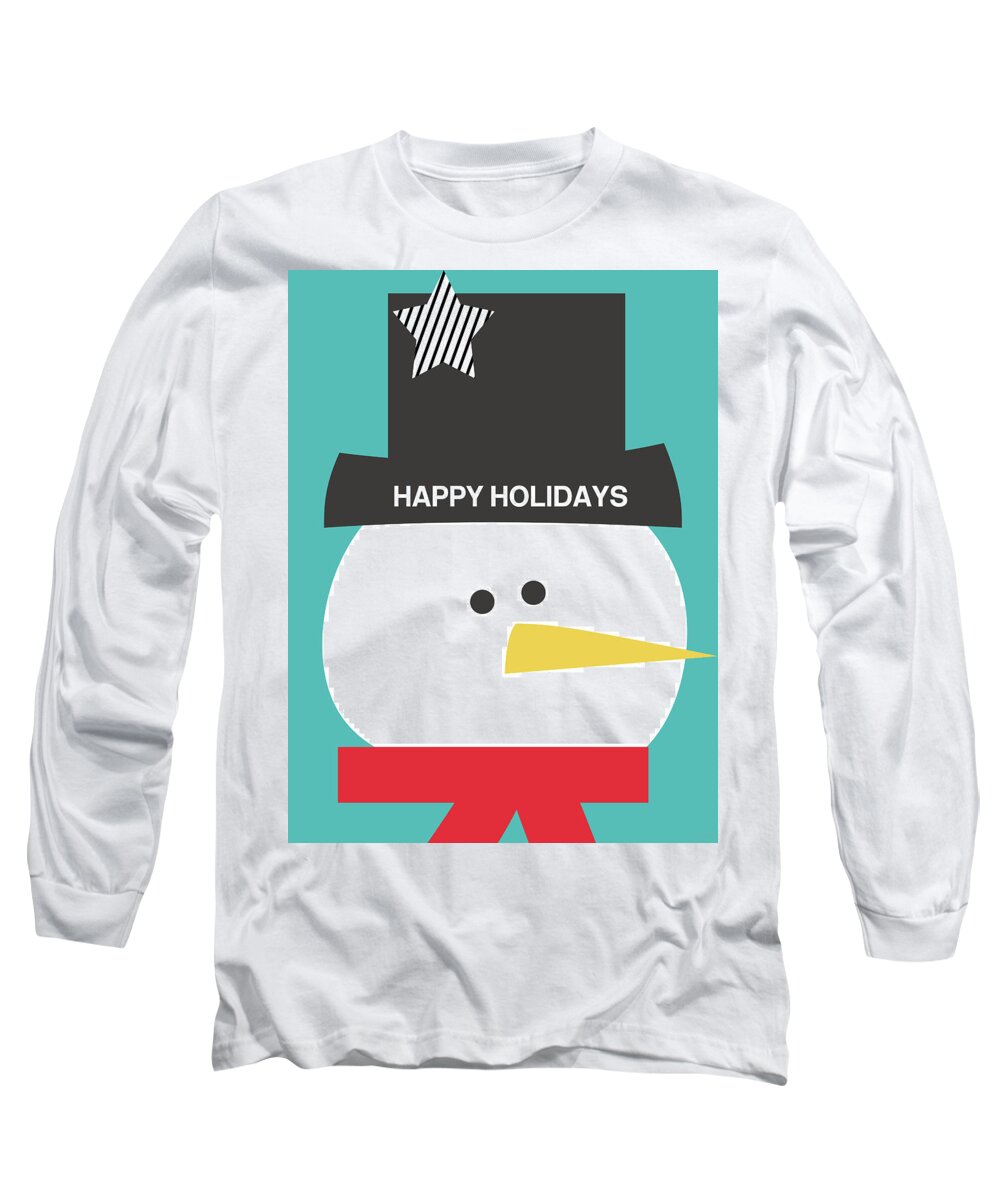 Snowman Long Sleeve T-Shirt featuring the digital art Modern Snowman Happy Holidays- Art by Linda Woods by Linda Woods