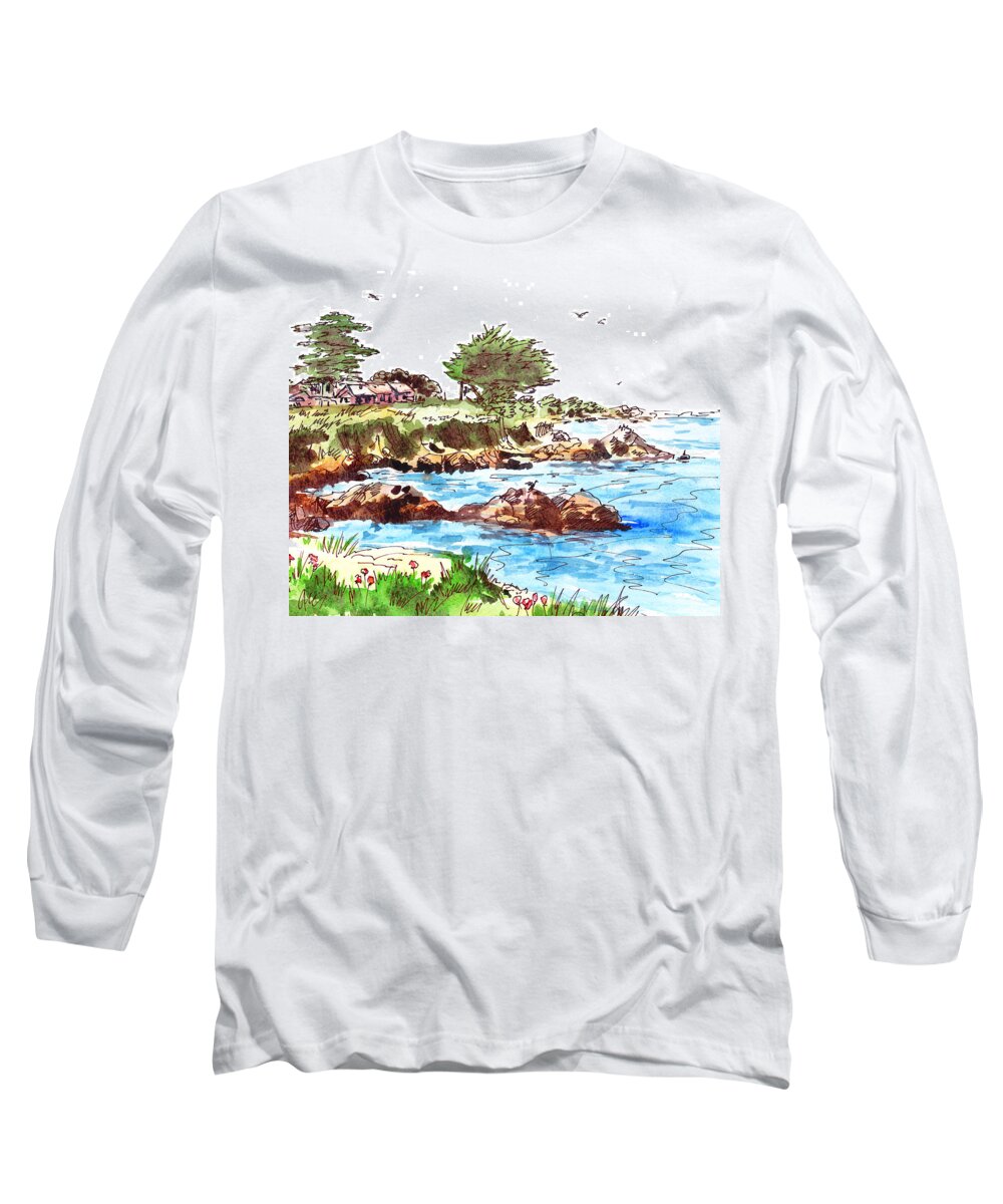 Monterey Shore Long Sleeve T-Shirt featuring the painting Monterey Shore by Irina Sztukowski