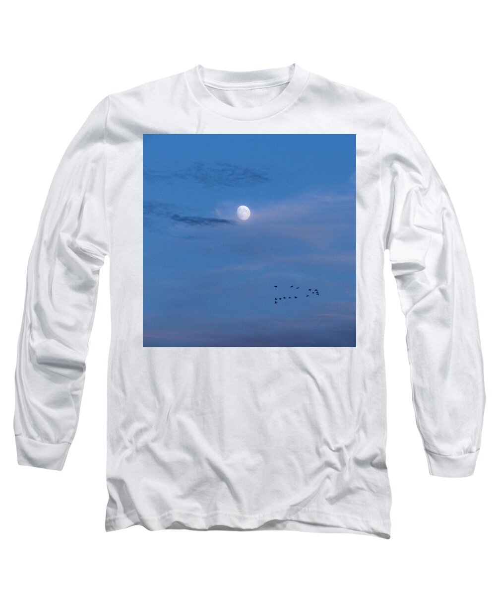Sky Long Sleeve T-Shirt featuring the photograph Moon Rises Geese Fly by Lora Fisher