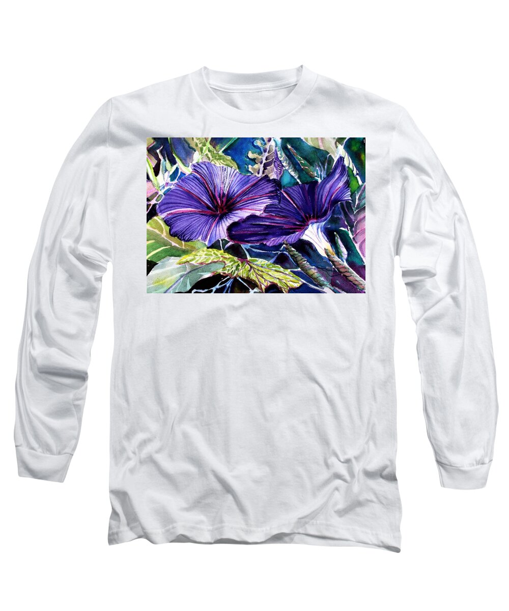 Morning Glories Long Sleeve T-Shirt featuring the painting Morning Glories by Mindy Newman