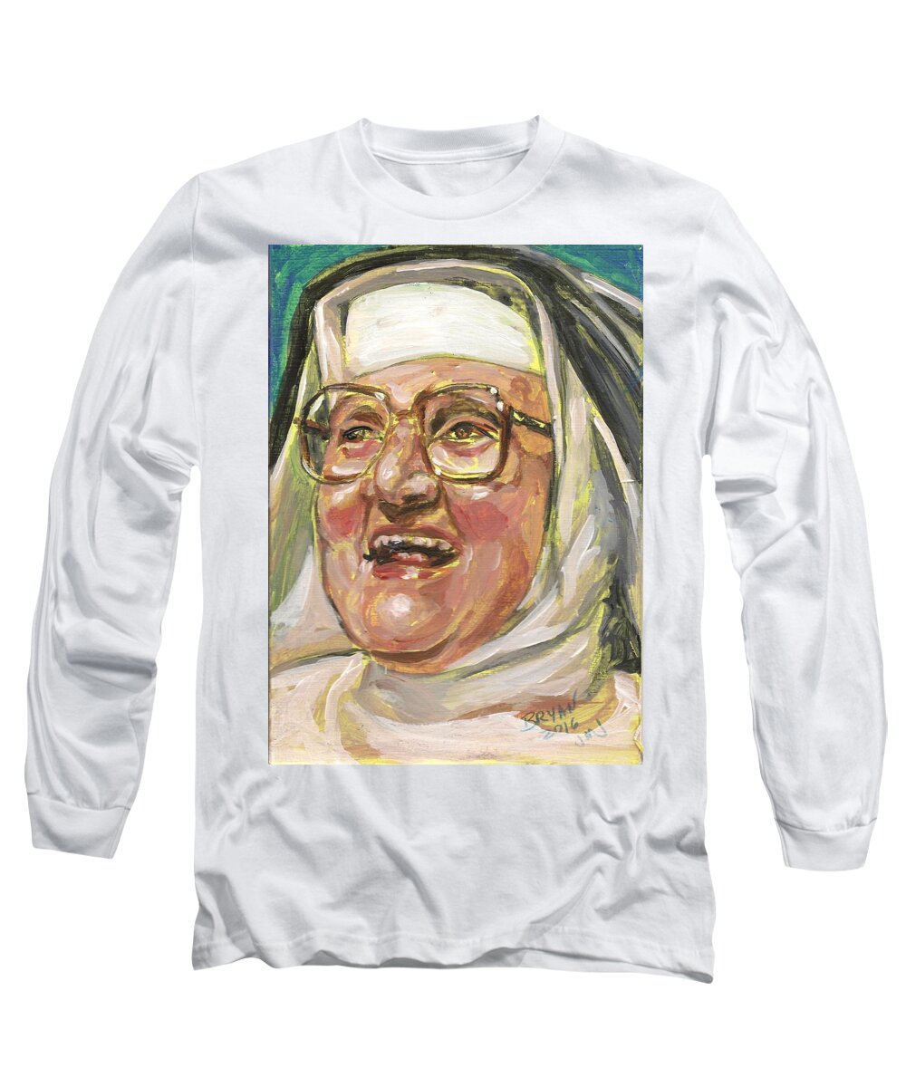 Catholic Long Sleeve T-Shirt featuring the painting Mother Angelica Laughs by Bryan Bustard