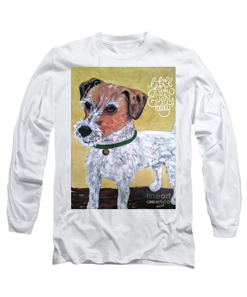 Dogs Long Sleeve T-Shirt featuring the painting Terrier with green collar by Reina Resto