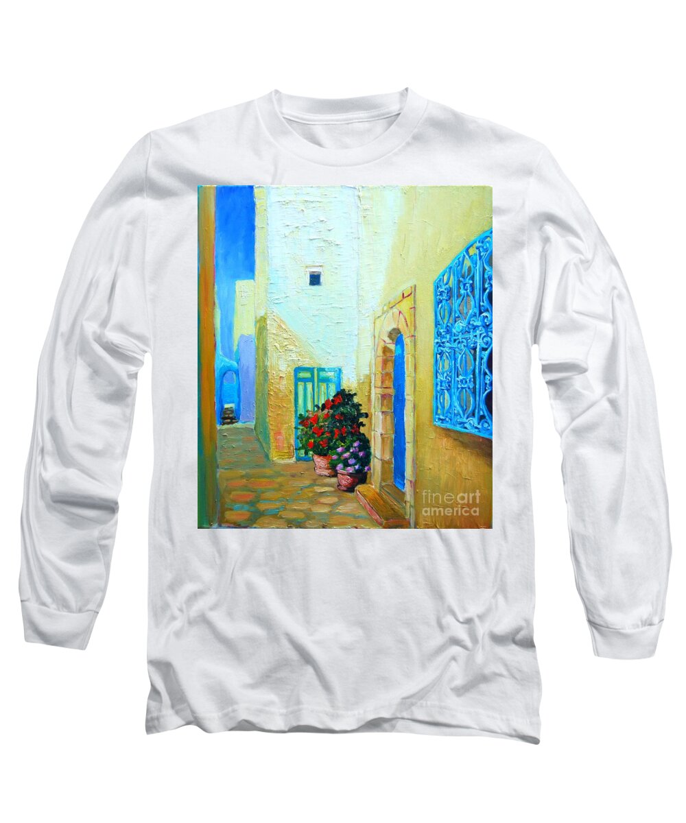 Blue Long Sleeve T-Shirt featuring the painting Narrow street in Hammamet by Ana Maria Edulescu