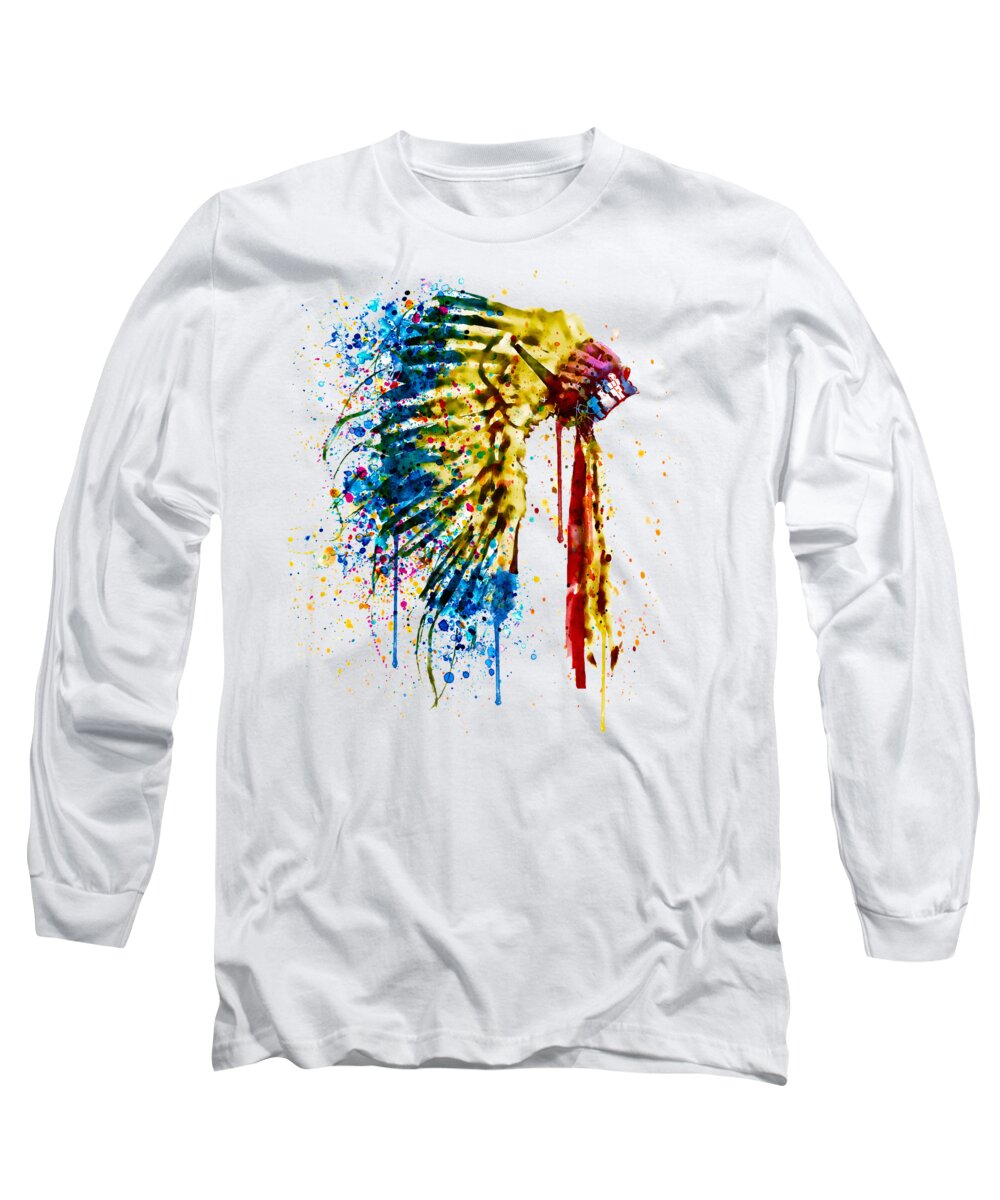 Native American Long Sleeve T-Shirt featuring the painting Native American Feather Headdress  by Marian Voicu