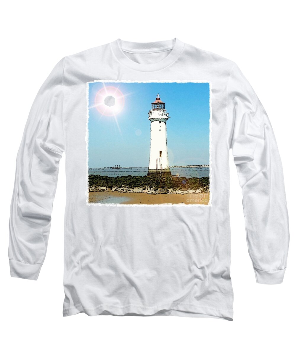 New Brighton Long Sleeve T-Shirt featuring the mixed media New Brighton Lighthouse by Joan-Violet Stretch