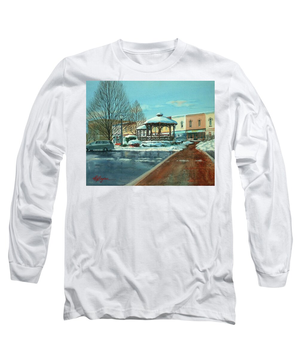 Chagrin Falls Bandstand Long Sleeve T-Shirt featuring the painting Triangle Park in Winter by Maryann Boysen