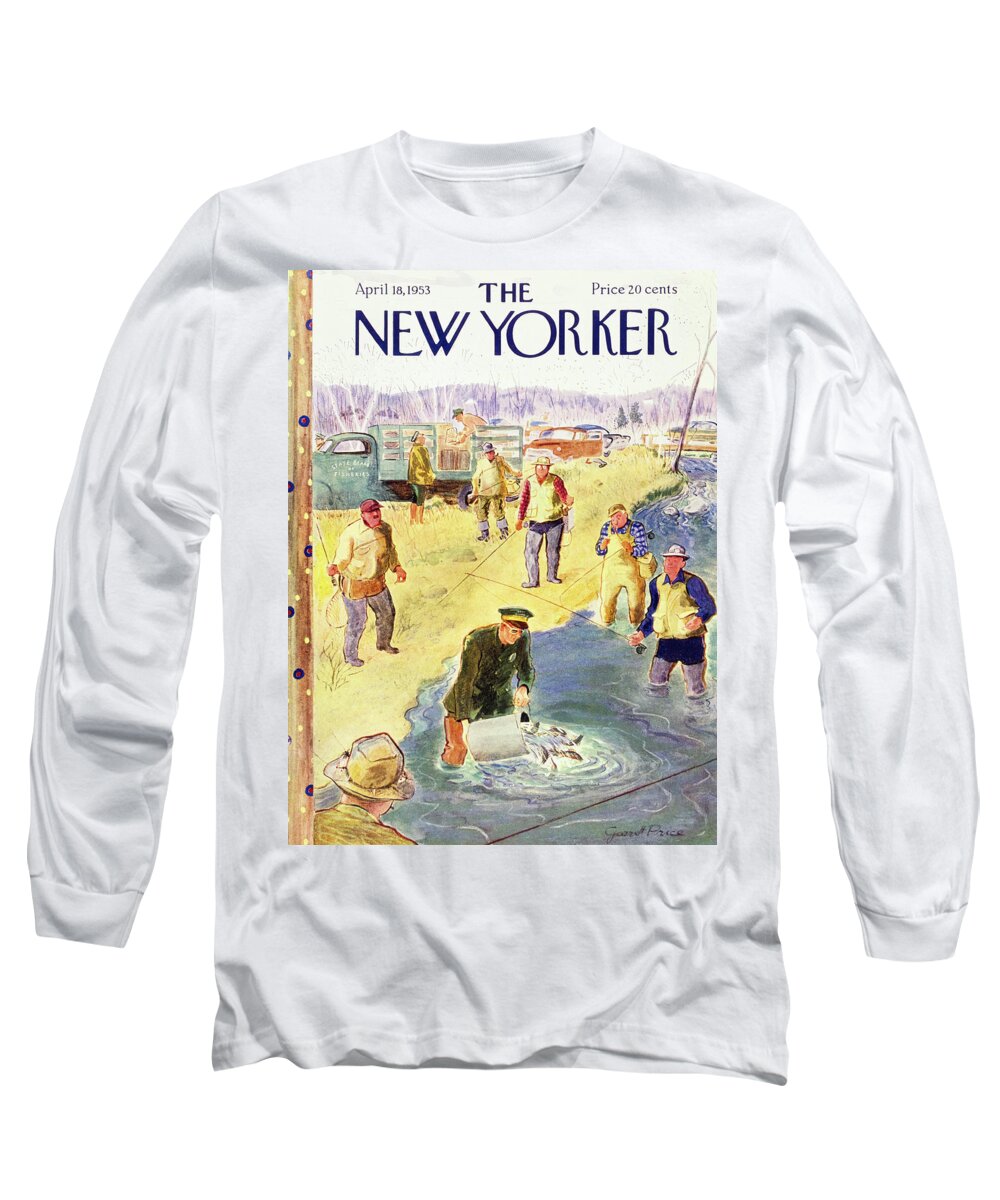 Anglers Long Sleeve T-Shirt featuring the painting New Yorker April 18 1953 by Garrett Price