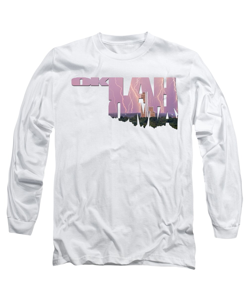 Tulsa Long Sleeve T-Shirt featuring the photograph Oklahoma Letters Typographic - Electric Night - Cityplex Towers by Gregory Ballos