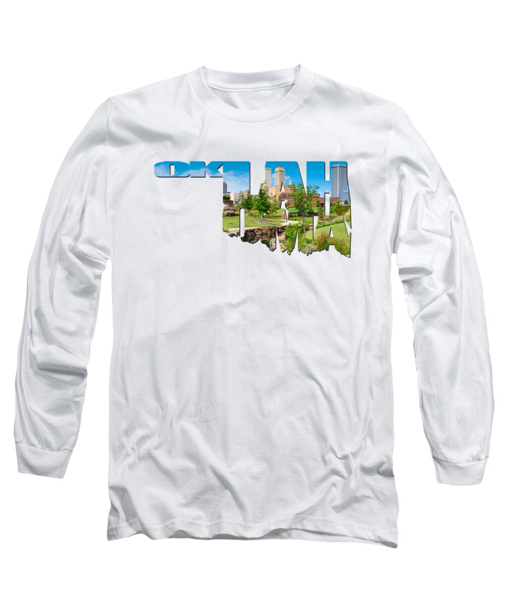 Tulsa Long Sleeve T-Shirt featuring the photograph Oklahoma Typographic Letters - Tulsa Oklahoma Skyline View From Central Centennial Park by Gregory Ballos