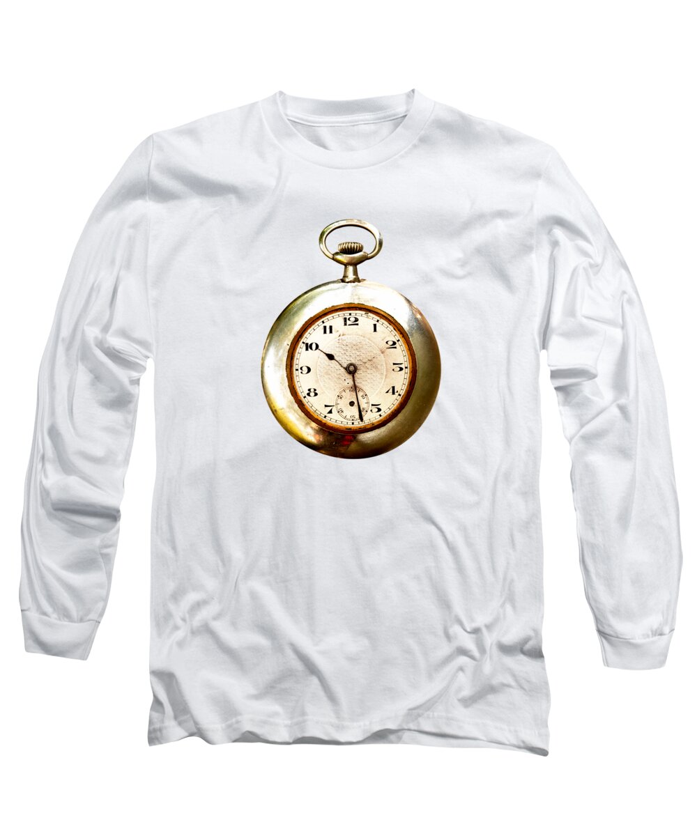 Clock Long Sleeve T-Shirt featuring the photograph Old and used pocket clock om white background by Michal Boubin