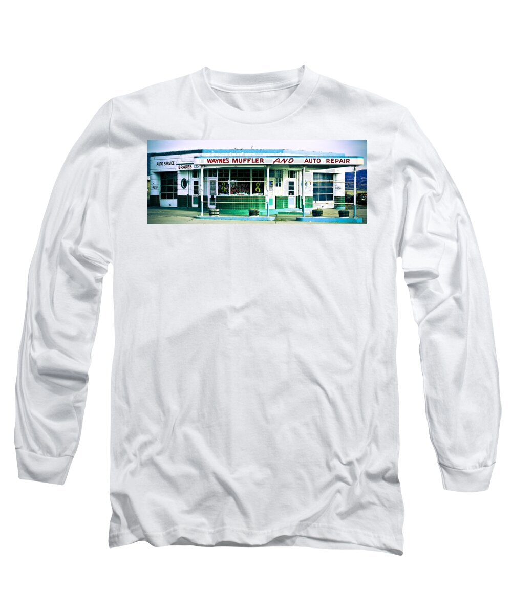 Filling Station Long Sleeve T-Shirt featuring the photograph Old gas station green tile by Marilyn Hunt